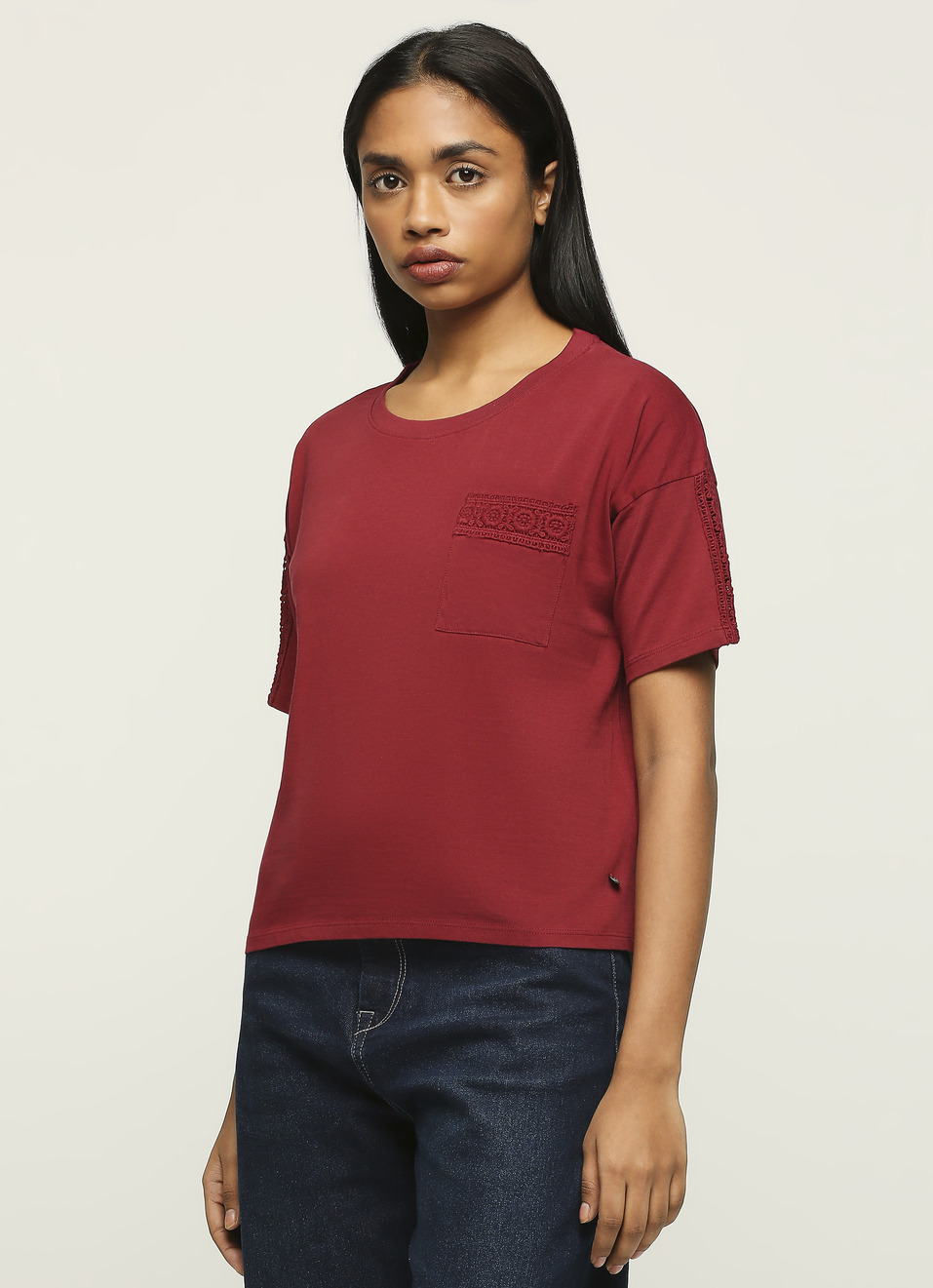 Burgundy Round Neck Short Sleeve T-shirt, , large image number 3