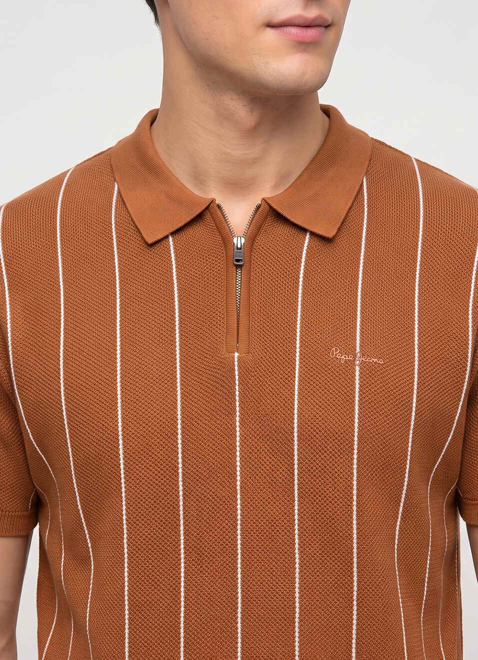 Men Orange Striped Flat Knit Polo Collar T-shirt, , large image number 4