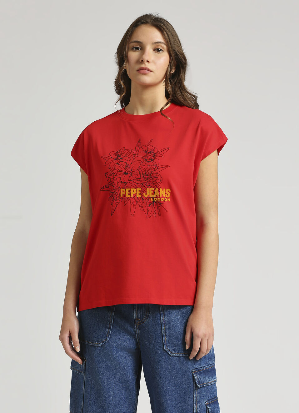 Red Oversized Graphic Print Extended Shoulder T-shirt, , large image number 1