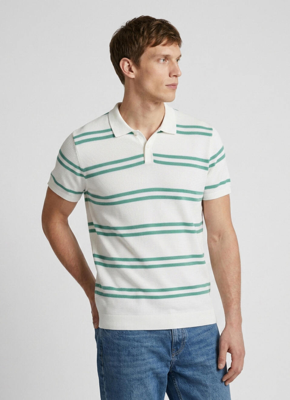 Men White Striped Flat Knit Polo Collar T-shirt, , large image number 1