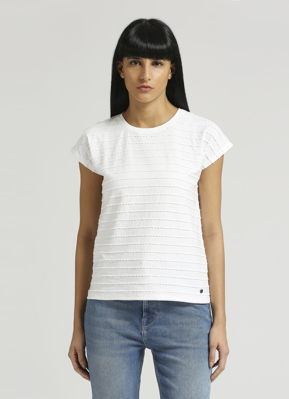 White Textured Extended Shoulder T-shirt, , large image number 1