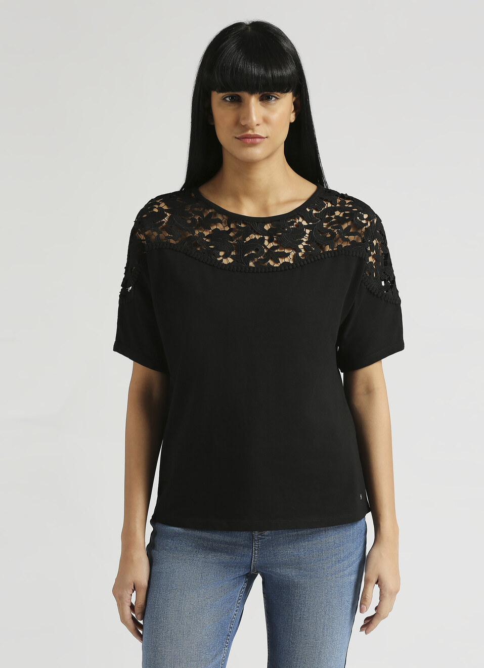 Black Lace Detail Extended Shoulder Top, , large image number 1