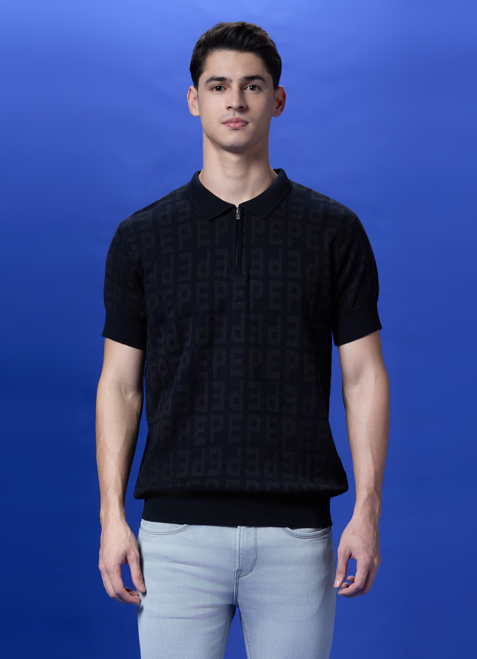 Black Short Sleeve Zipper Polo, , large image number 1