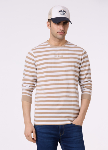 Men Beige & White Stripe Full Sleeve T-shirt