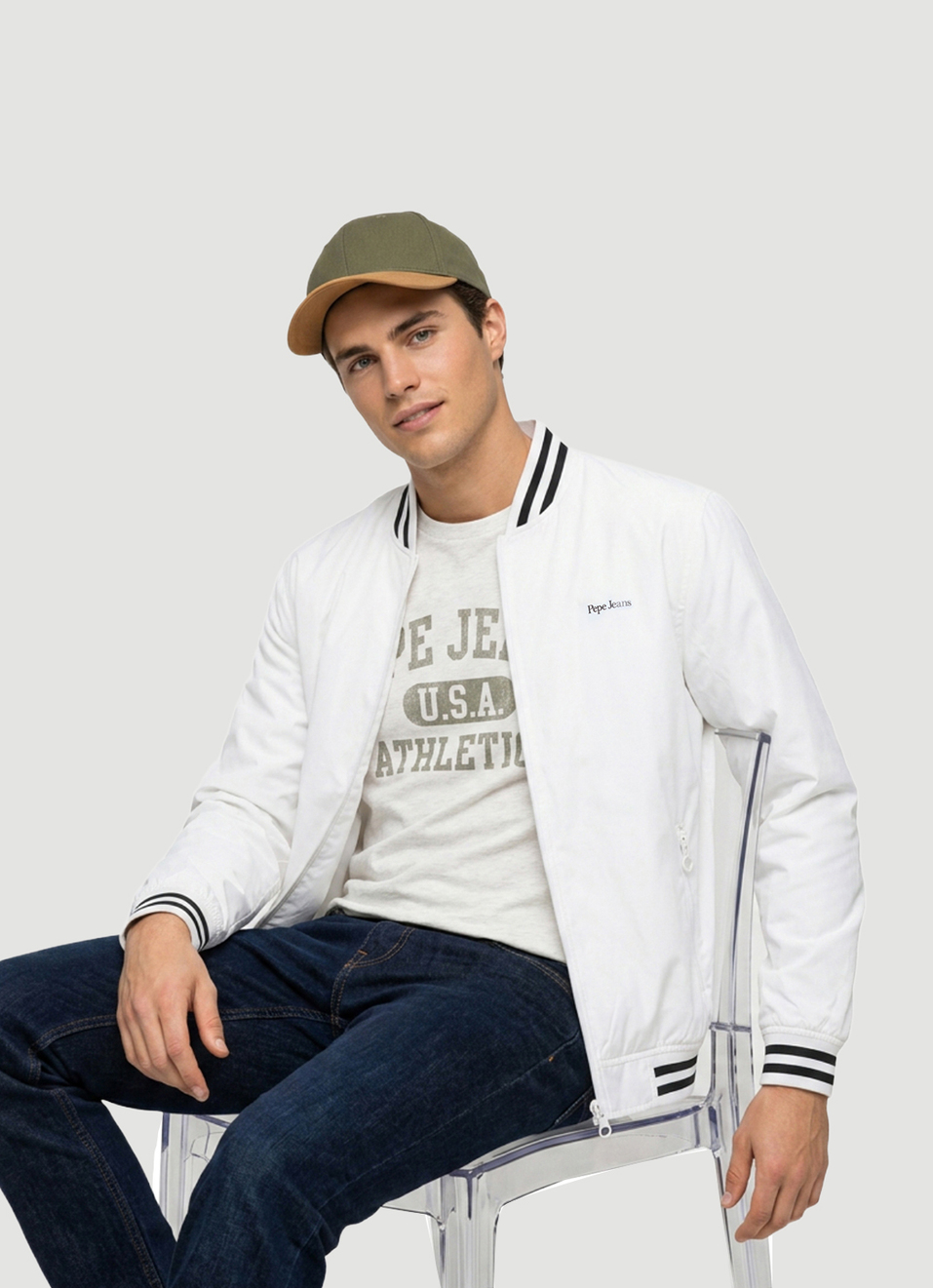 Men White Solid Baseball Collar Long Sleeve Jacket, , large image number 0