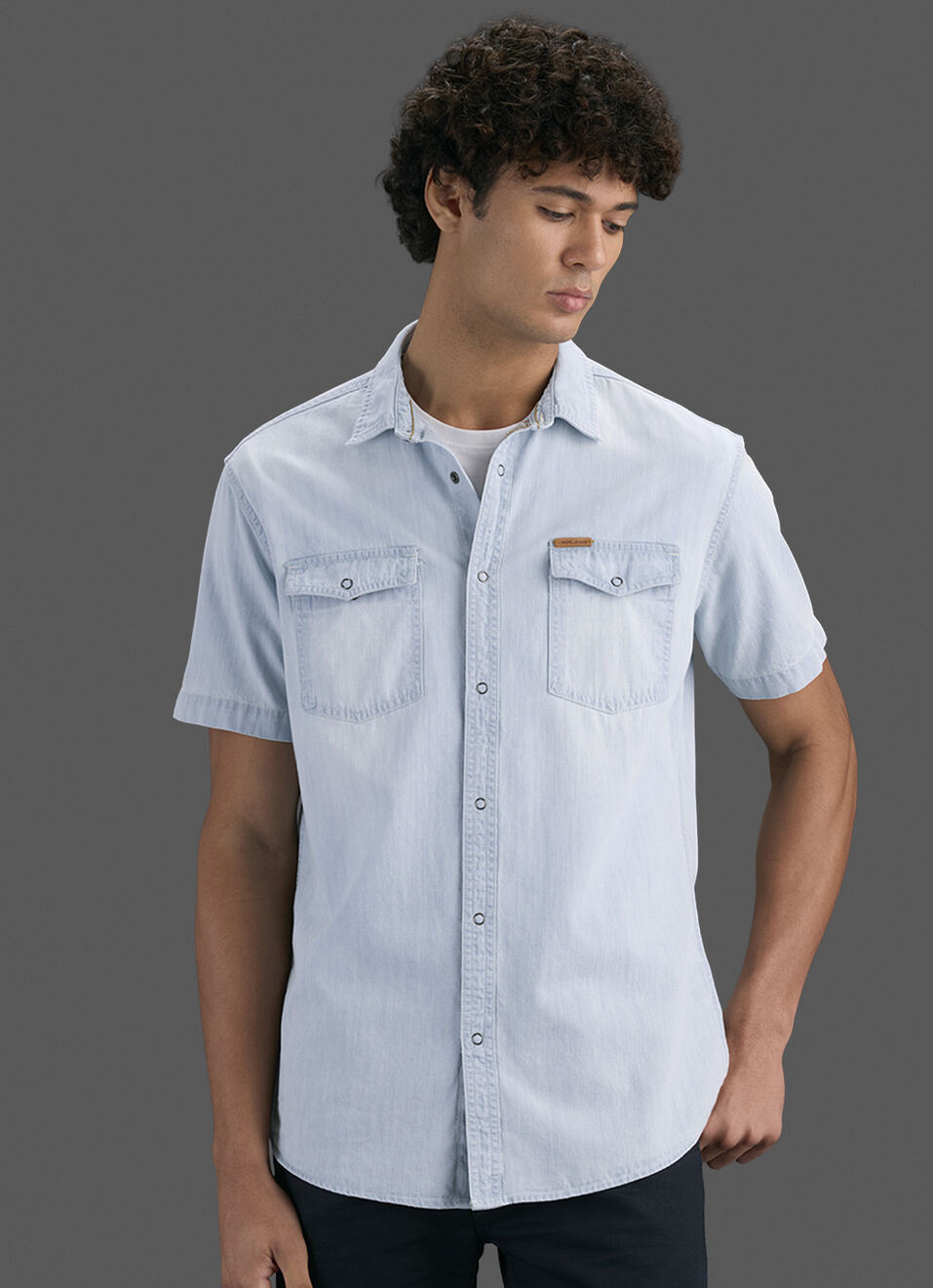 Men Light Blue Short Sleeve Denim Shirt, , large image number 5