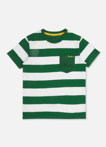 Boys Green Stripes Tropical Aop Print Pocket T-shirt