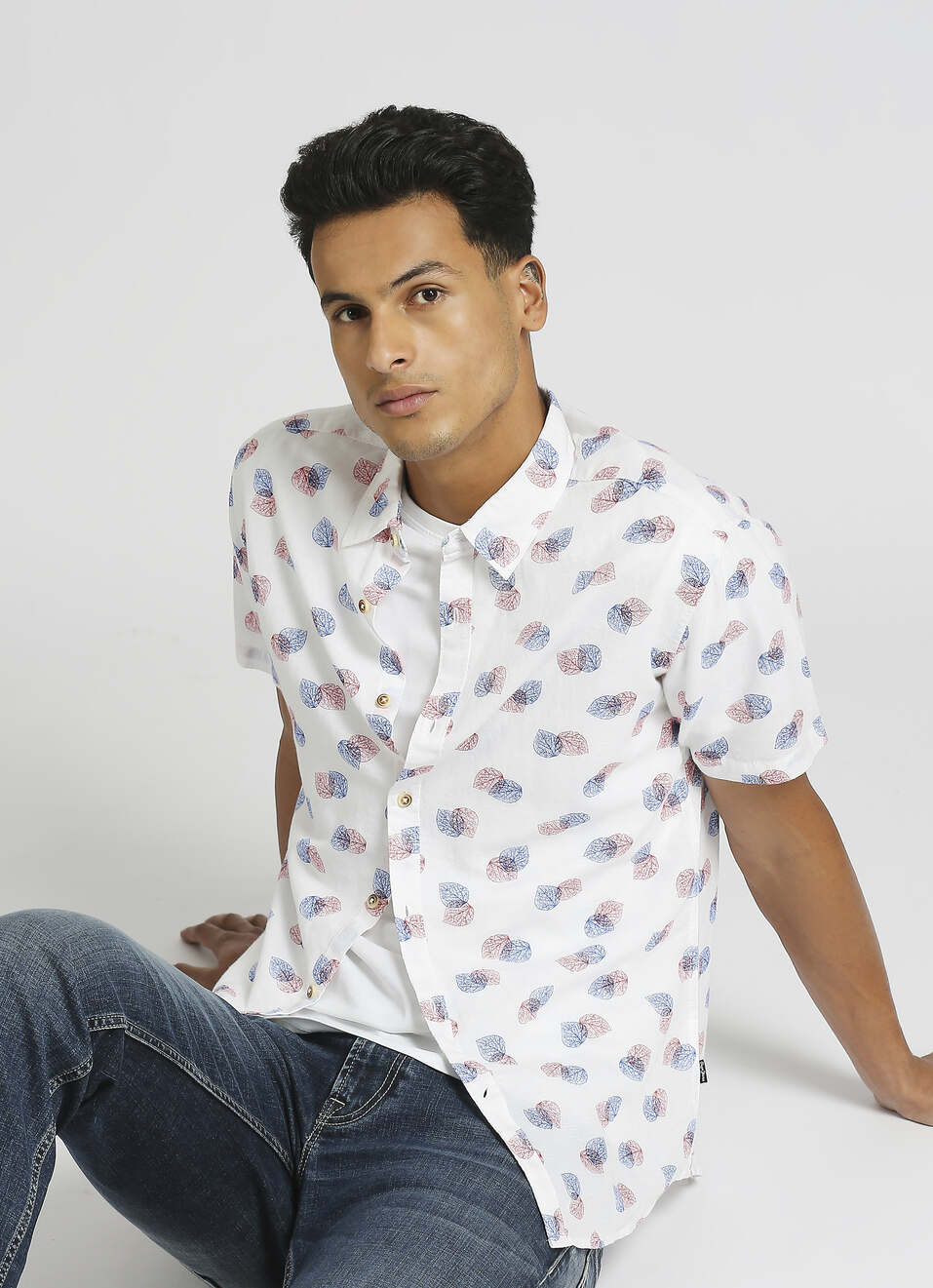 Sky Blue All Over Printed Linen Short Sleeve Shirt, , large image number 0
