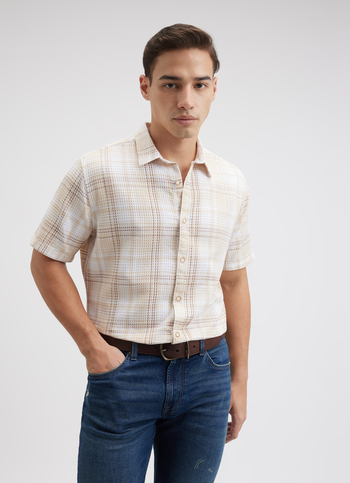 Men Beige Check Short Sleeve Shirt