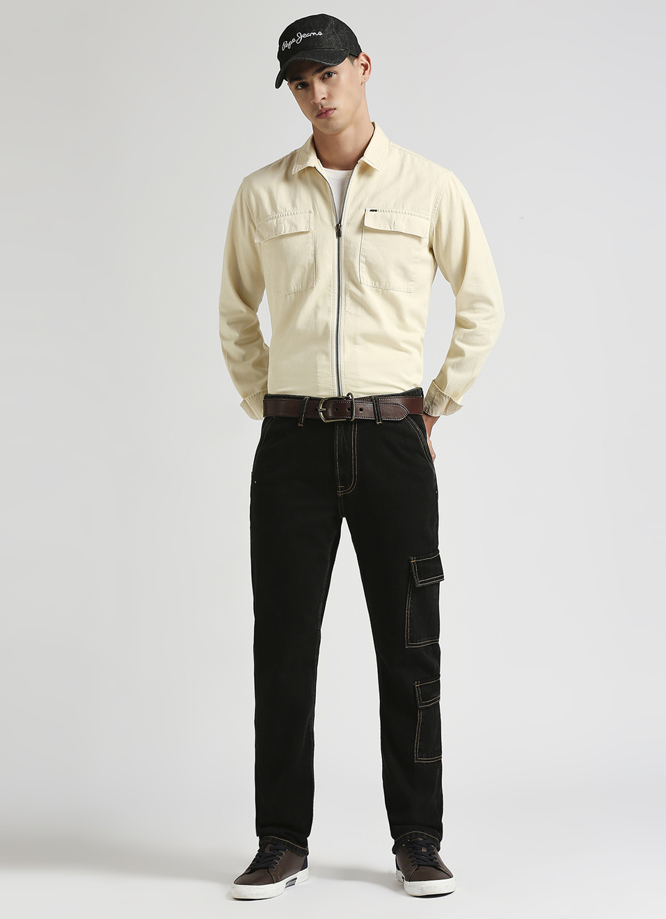 Cargo Straight Mid Rise Black Jeans, , large image number 1