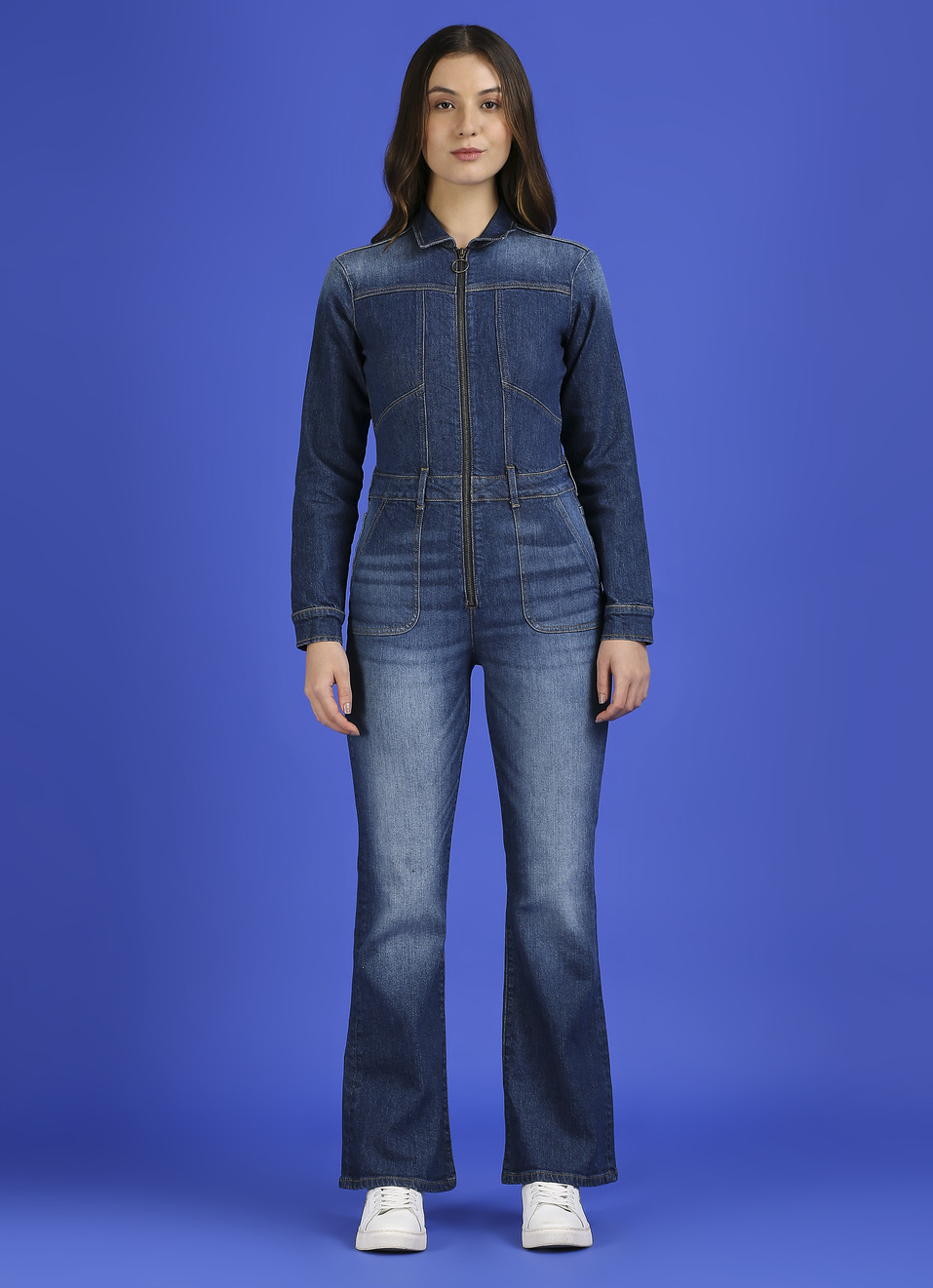 Blue Full Sleeve Flare Dungarees, , large image number 1