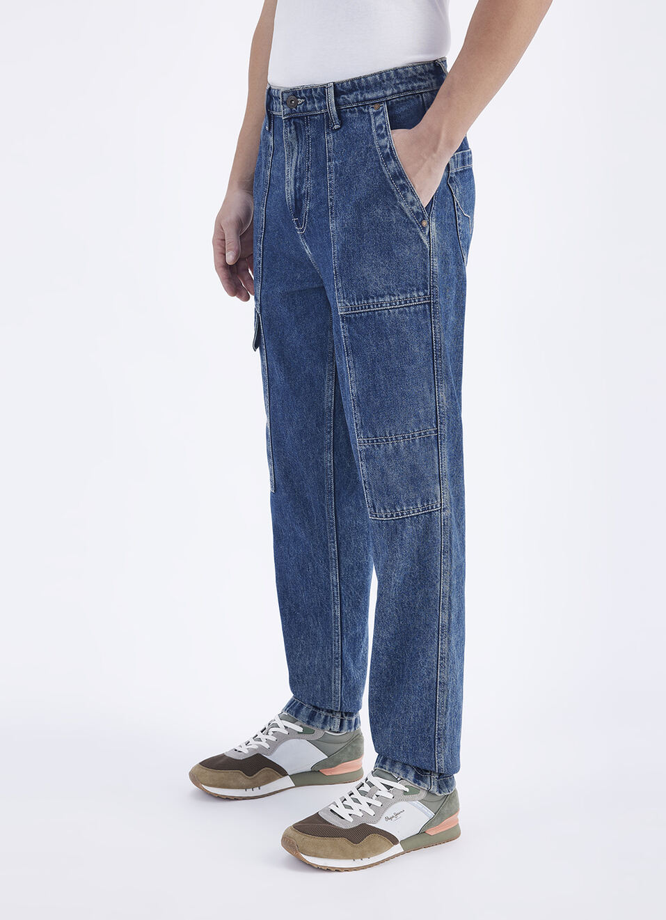 Men Blue Straight Fit Mid Rise Cargo Jeans, , large image number 2