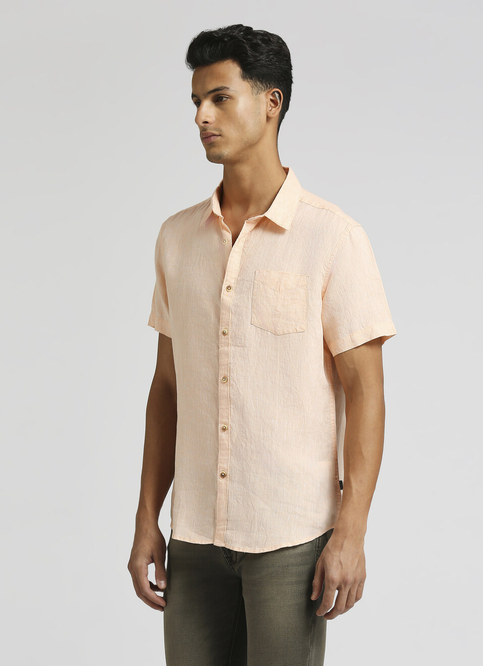 Peach Solid Single Pocket Chambray Linen Short Sleeve Shirt, , large image number 3