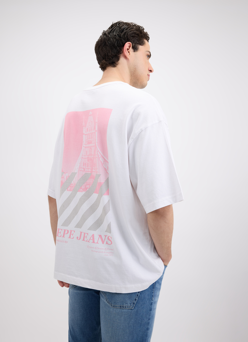 Men White Back Print Short Sleeve Oversized T-shirt, , large image number 2