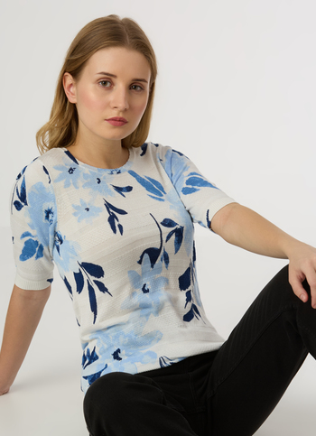 Women Blue Floral Print Short Sleeve Flat Knit Top