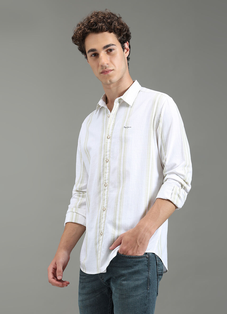Men Green Striped Shirt, , large image number 7
