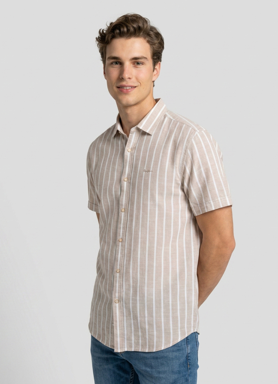 Men Beige Striped Cotton Slub Short Sleeve Shirt, , large image number 3