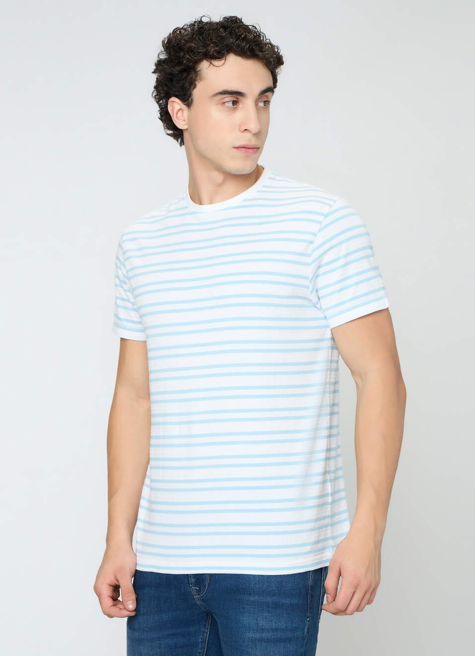 Men Sky Blue Striped Slim Fit T-shirt, , large image number 3