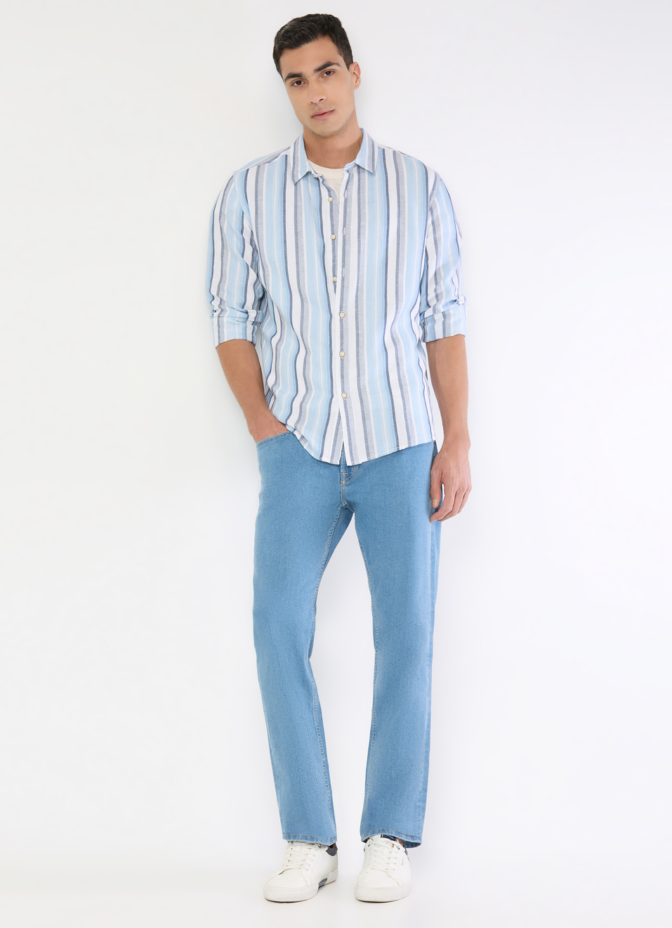 Men Blue Vertical Stripe Full Sleeve Shirt, , large image number 5