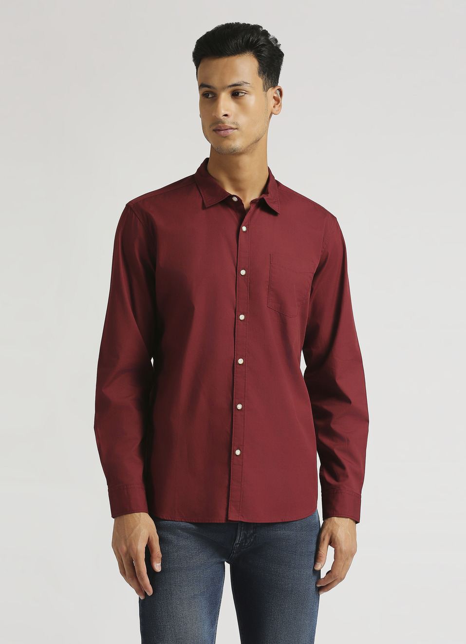 Maroon Solid Single Pocket Long Sleeve Shirt, , large image number 0