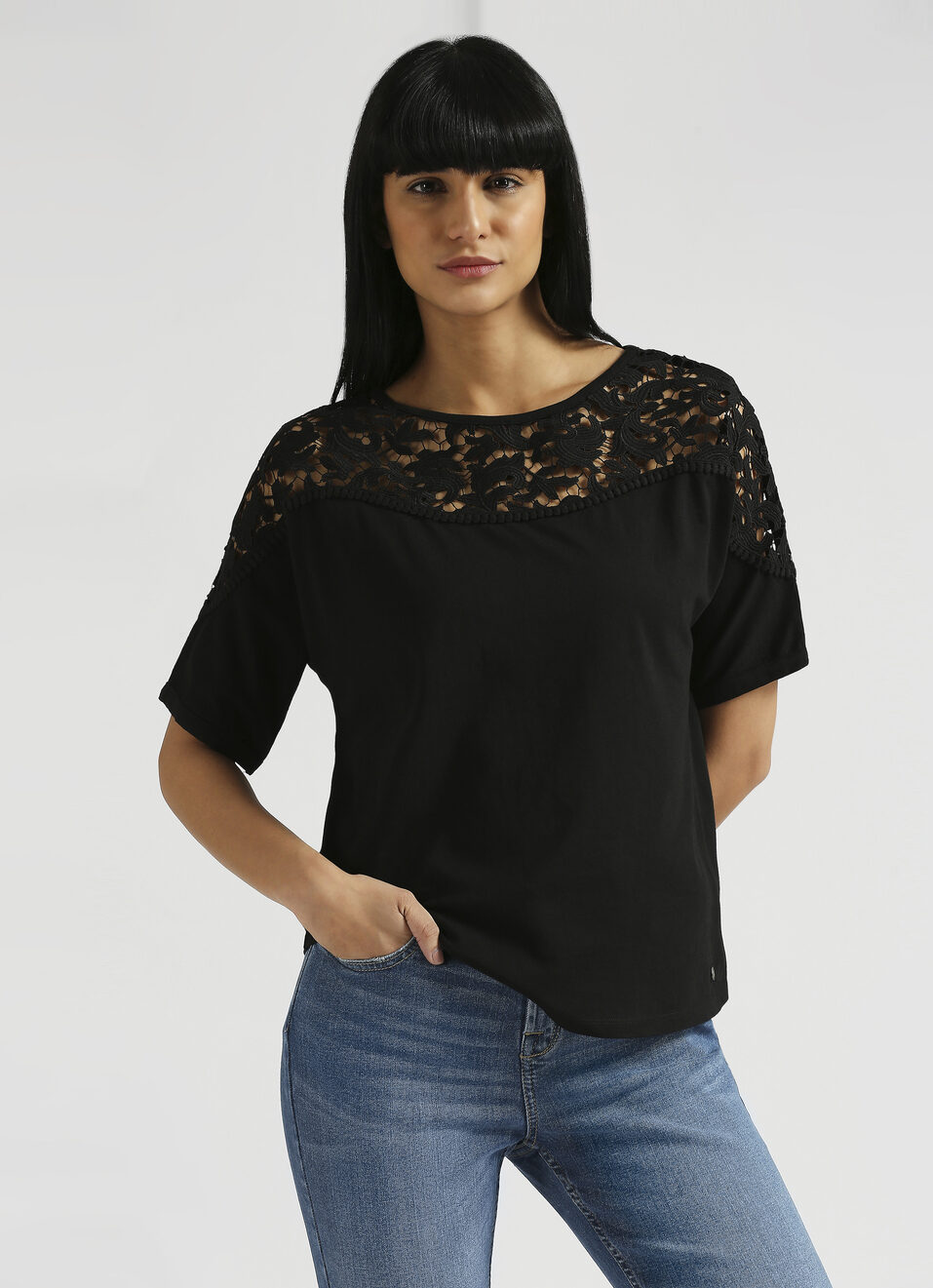 Black Lace Detail Extended Shoulder Top, , large image number 0