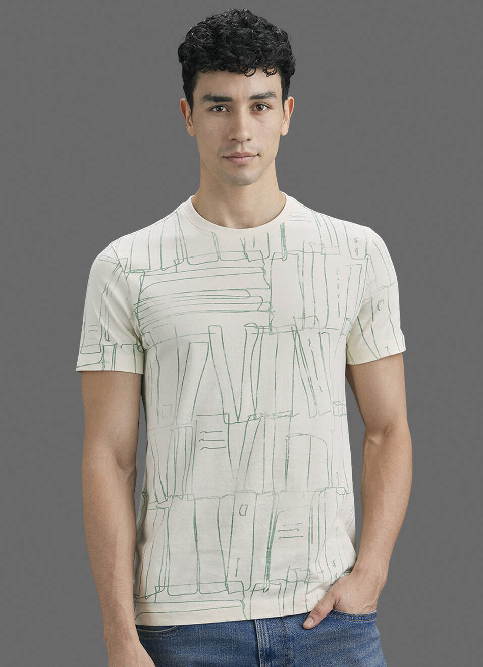 Men Ivory Printed Slim Fit Short Sleeve T-shirt, , large image number 5