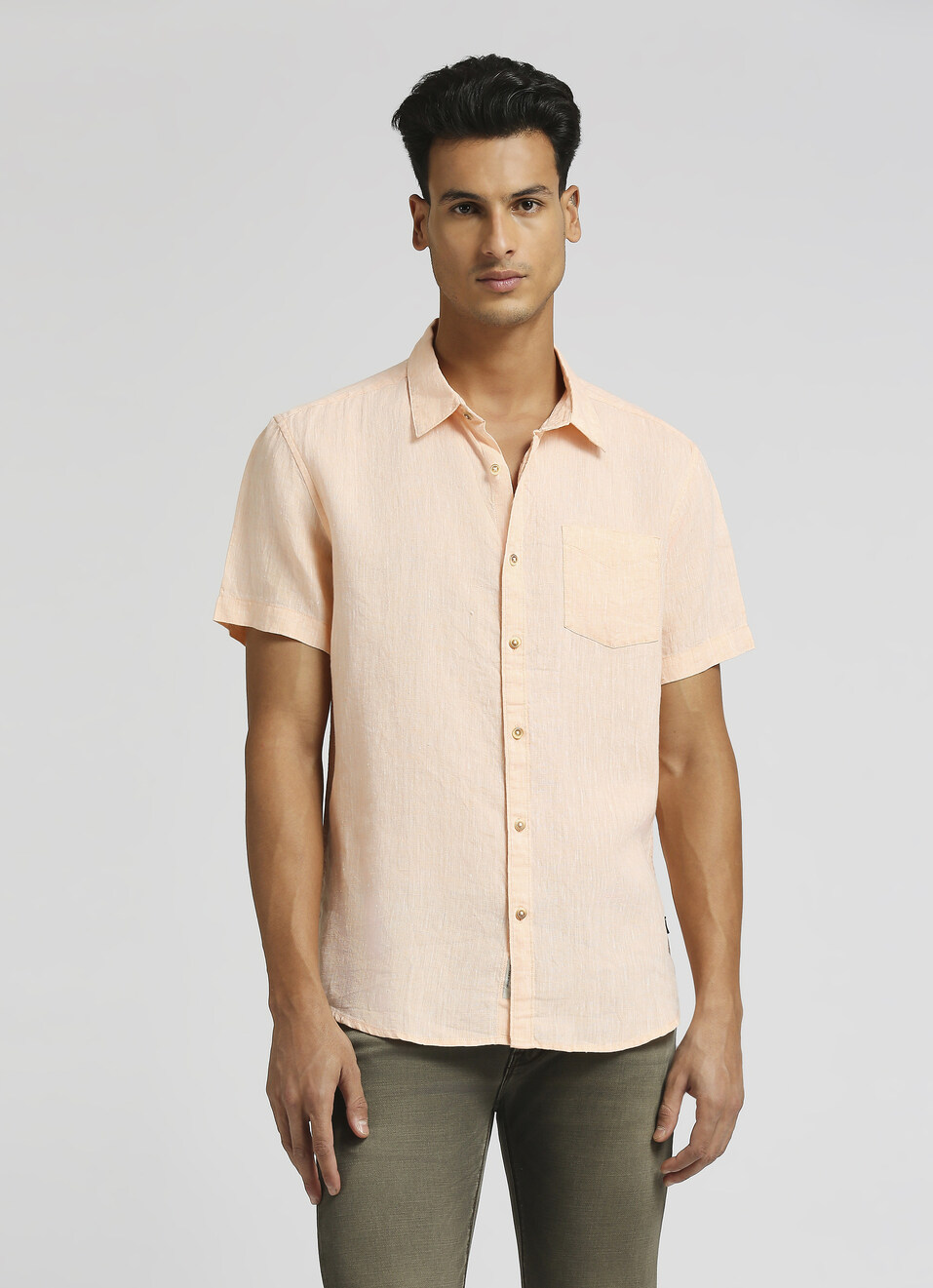 Peach Solid Single Pocket Chambray Linen Short Sleeve Shirt, , large image number 1