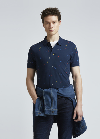 Blue Typographic Print Short Sleeve Polo