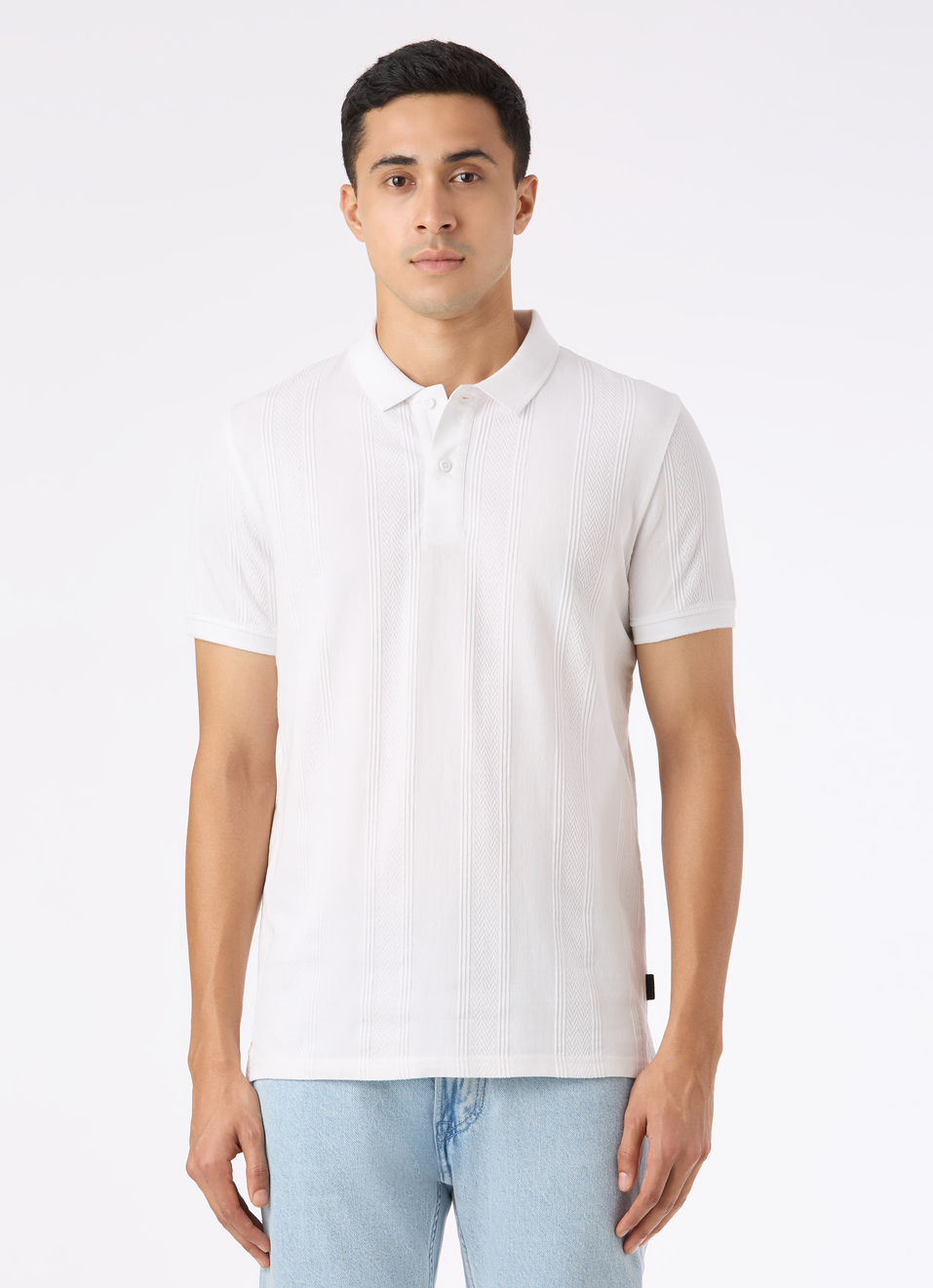 Men White Striped Polo Collar T-shirt, , large image number 1