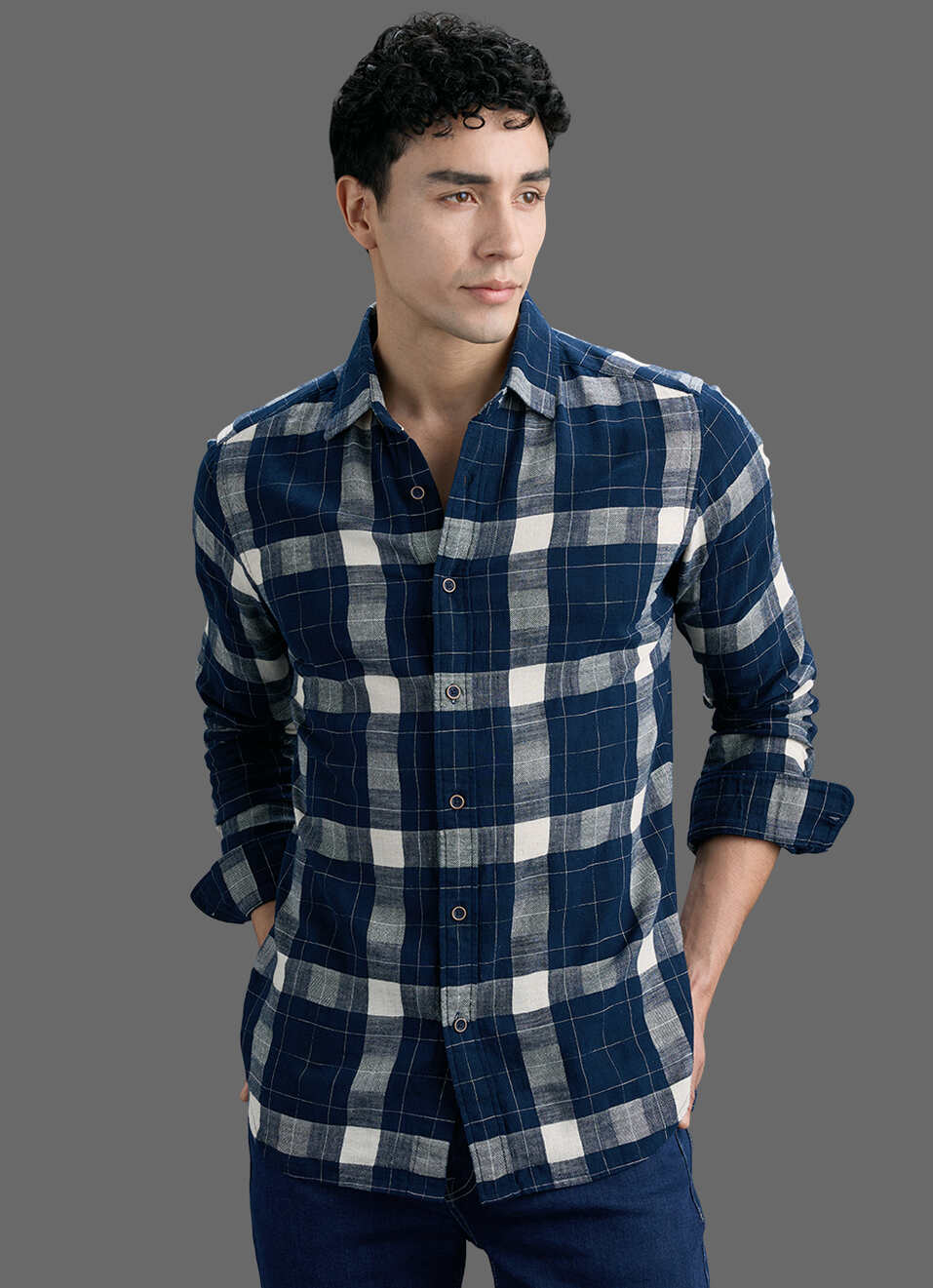 Men Navy Checked Dobby Long Sleeve Shirt, , large image number 5