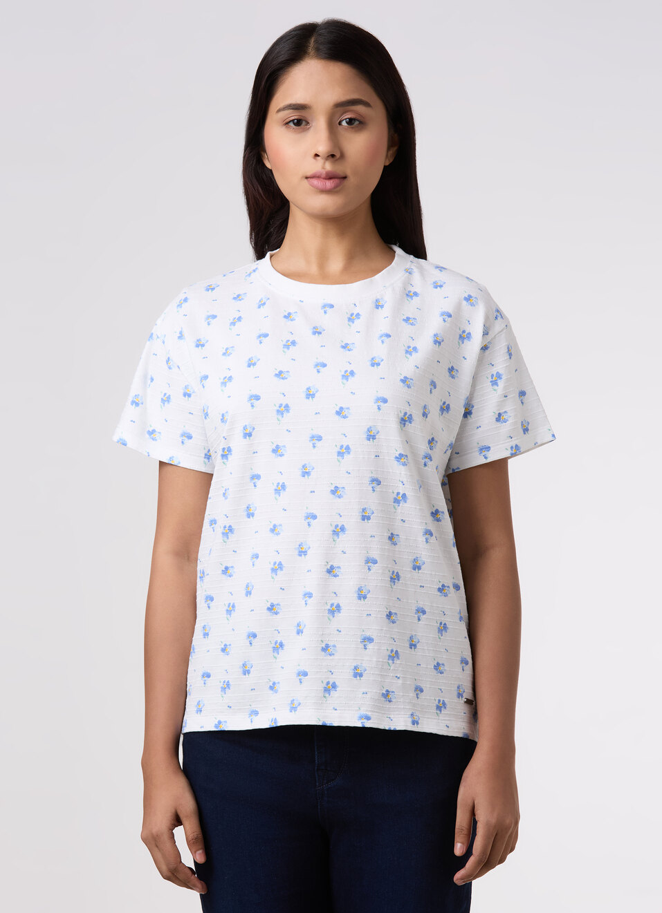 Women Blue Floral Print Comfort Fit T-shirt, , large image number 1