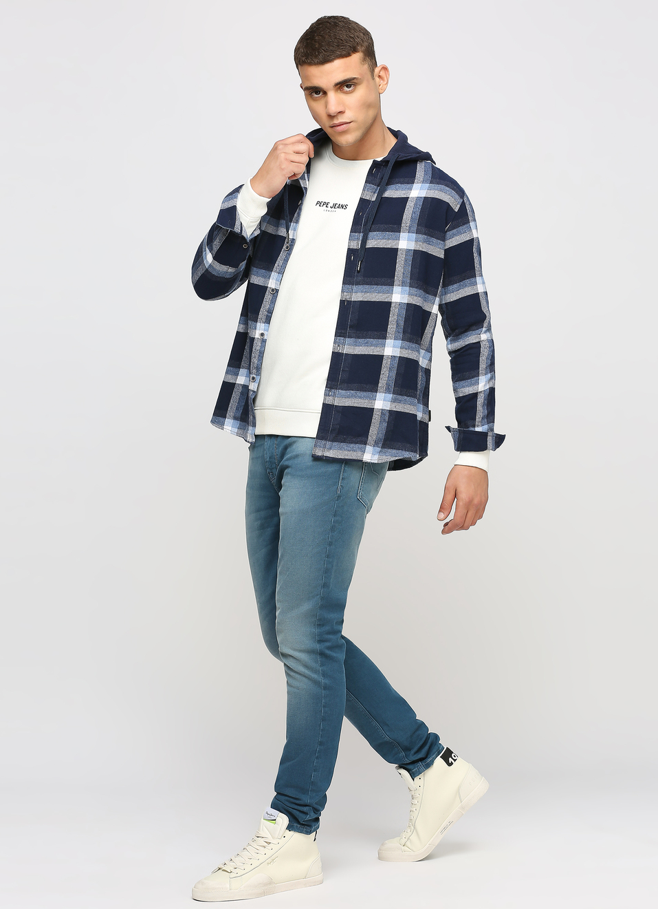 Navy Checks Long Sleeve Hooded Shirt, , large image number 5