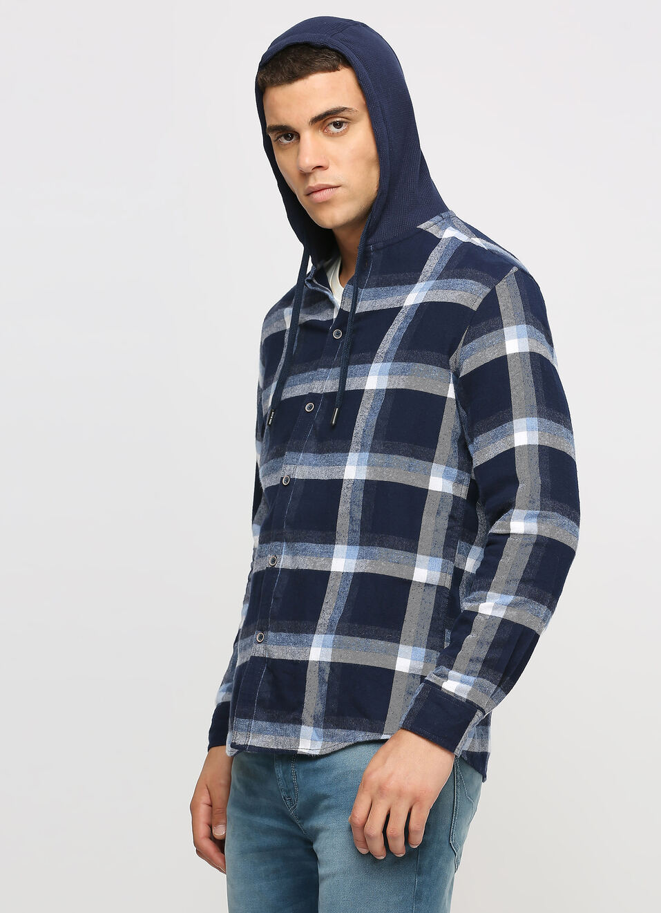 Navy Checks Long Sleeve Hooded Shirt, , large image number 3