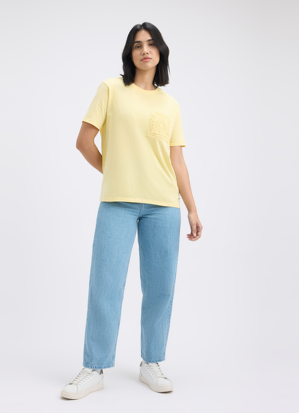 Women Yellow Crochet Short Sleeve T-shirt, , large image number 5