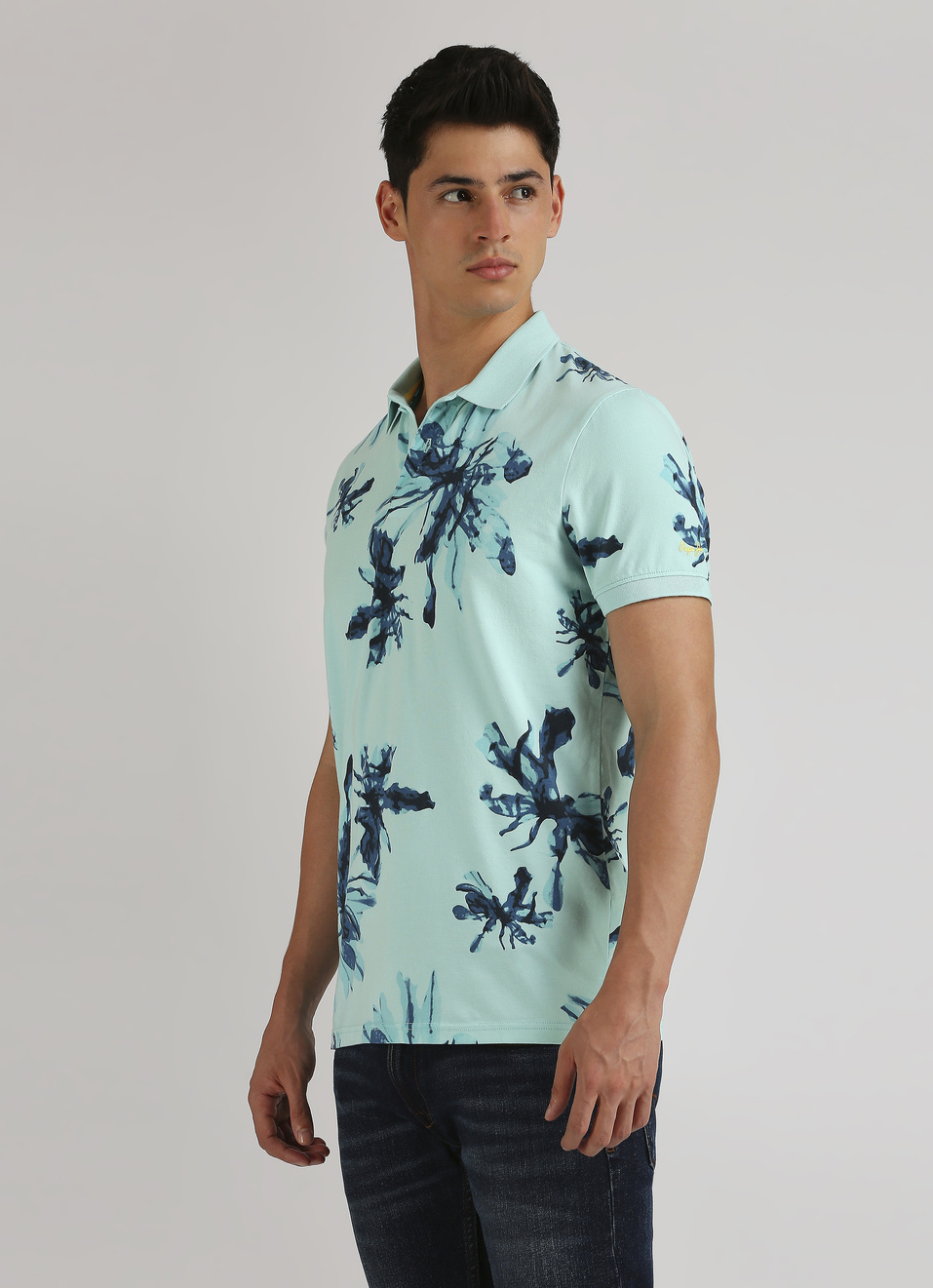 Green  Floral Print Short Sleeve Stretch Polo, , large image number 3