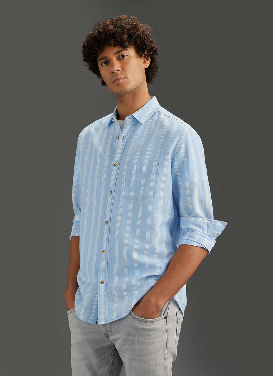 Men Sky Blue Striped Regular Fit Cotton Linen Shirt, , large image number 7