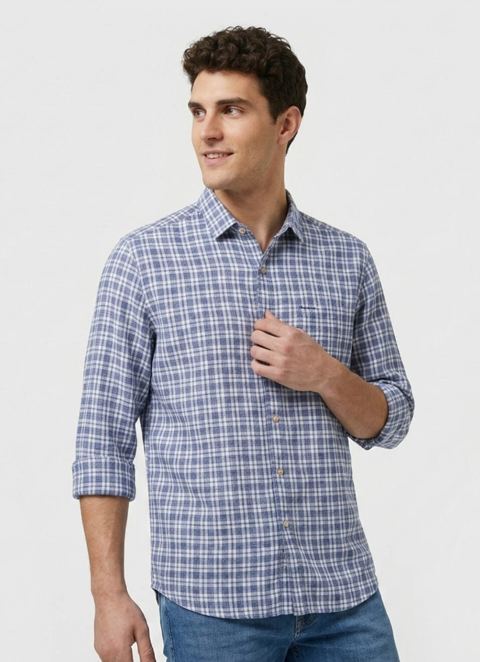 Men Blue Checked Herringbone Long Sleeve Shirt, , large image number 3