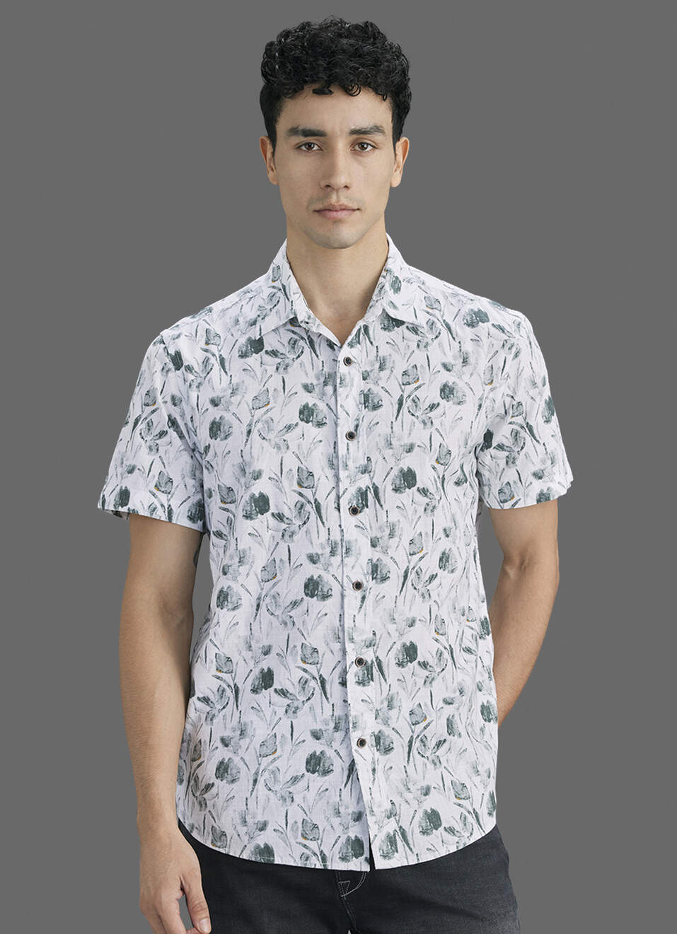 Men Grey Printed Resort Collar Short Sleeve Shirt, , large image number 5