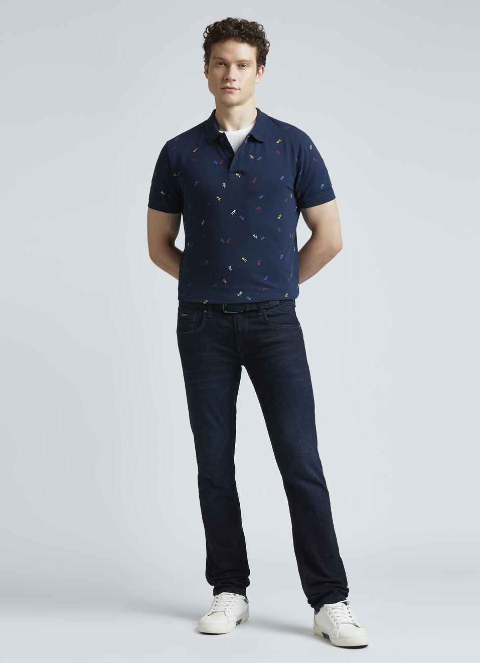 Blue Typographic Print Short Sleeve Polo, , large image number 5