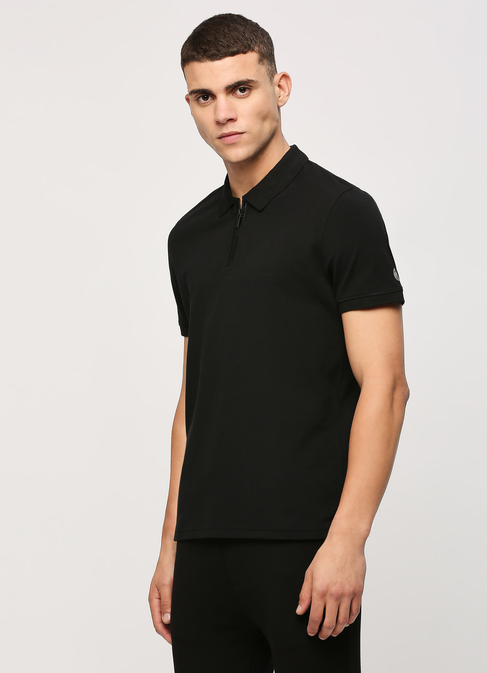 Black Buttoned Neck Short Sleeve Polo, , large image number 3