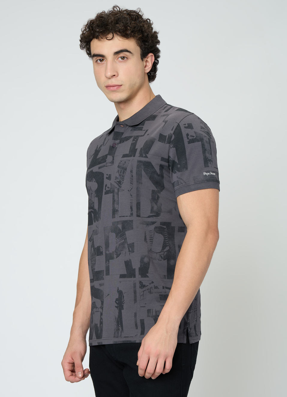 Men Grey Printed Polo Collar T-shirt, , large image number 3