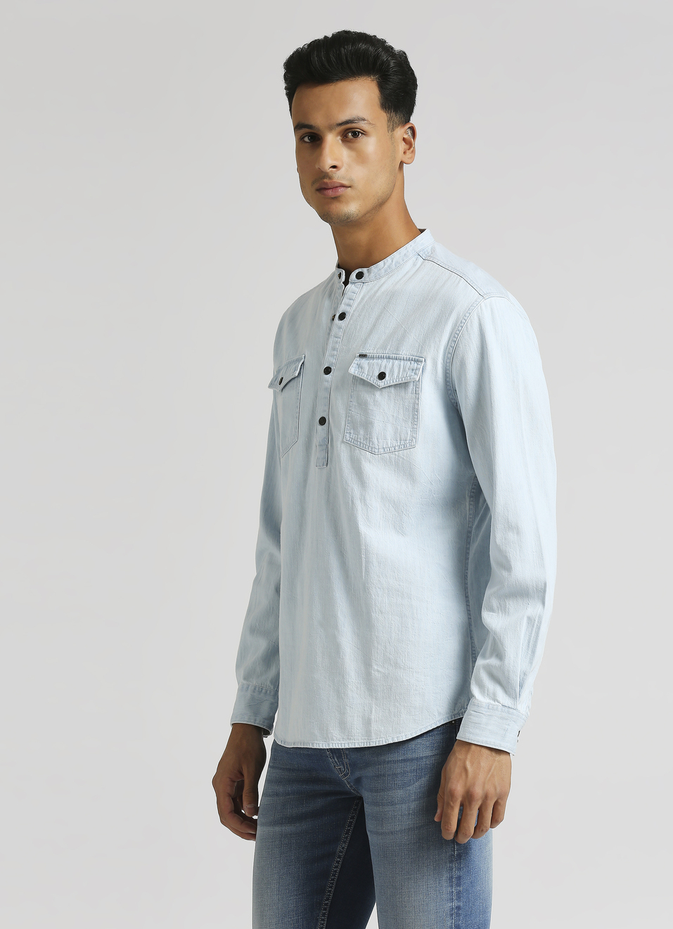 Ice Blue Mandarin Collar Kurta Placket Long Sleeve Shirt, , large image number 3