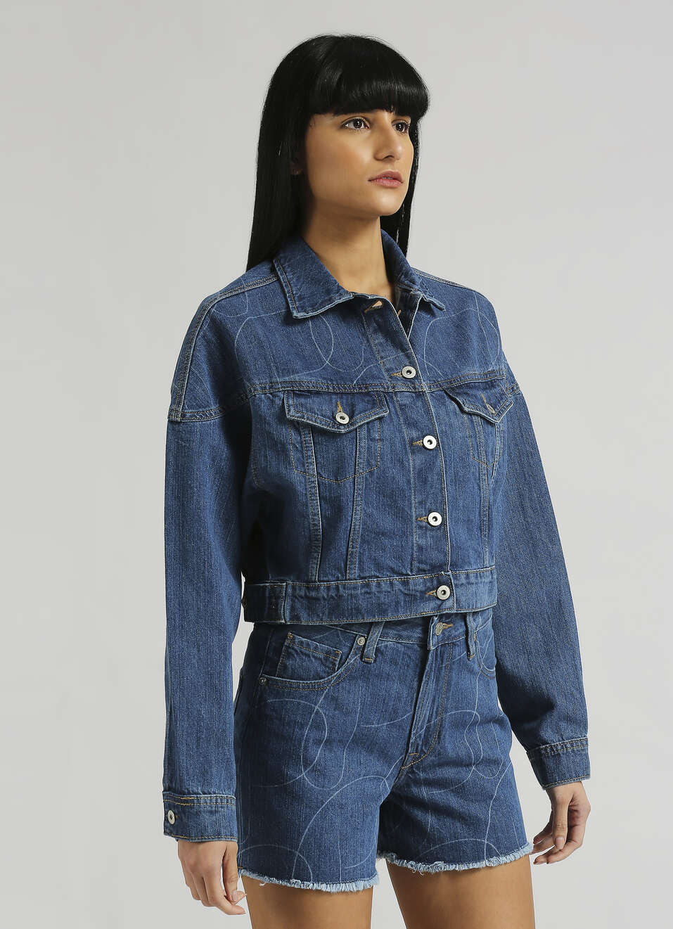Blue Oversized Abstract Logo Print Long Sleeve Denim Jacket, , large image number 3
