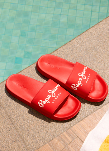 Red Lightweight Beach Slides With Logo Print