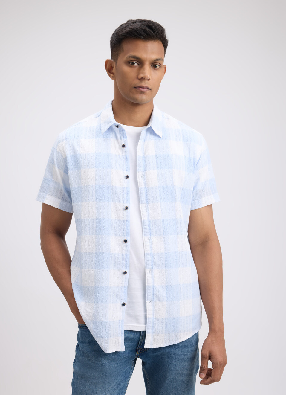 Men Blue Check Short Sleeve Shirt, , large image number 0