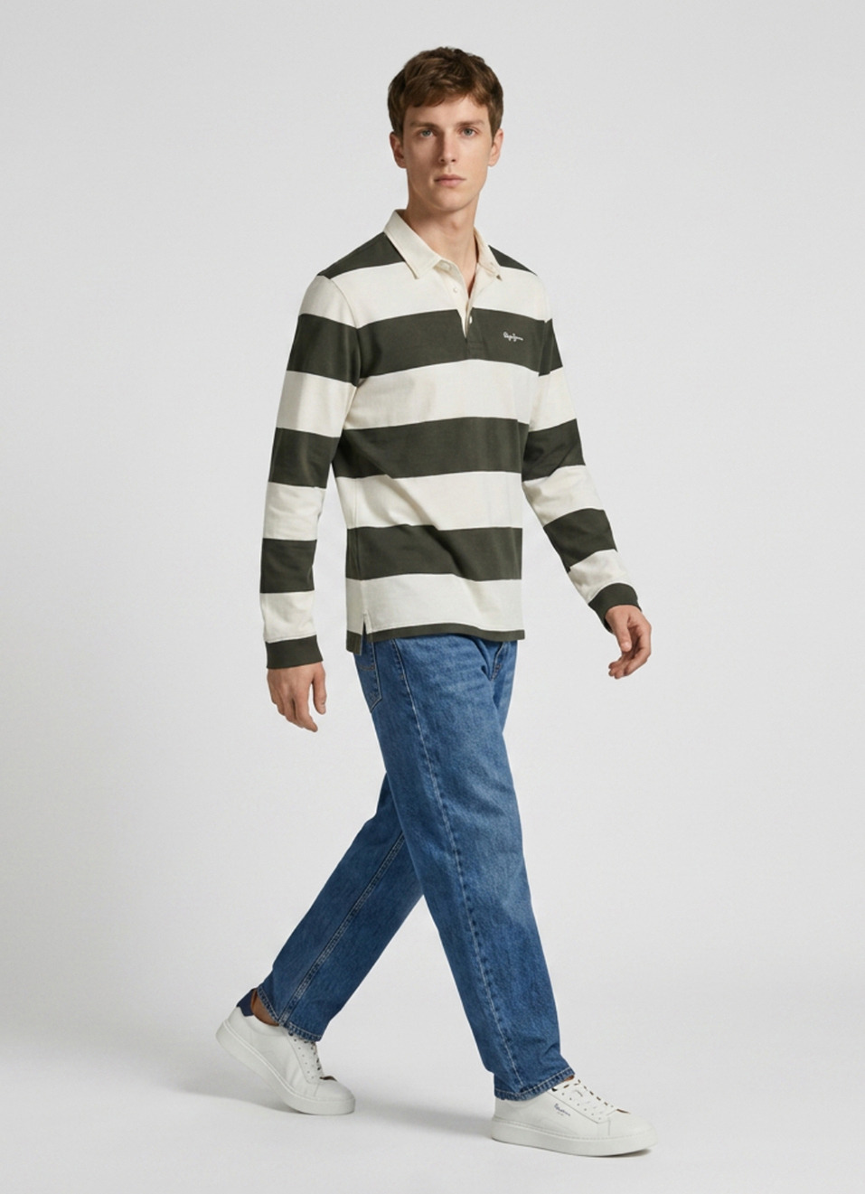 Men Olive Striped Rugby Polo Collar T-shirt, , large image number 5