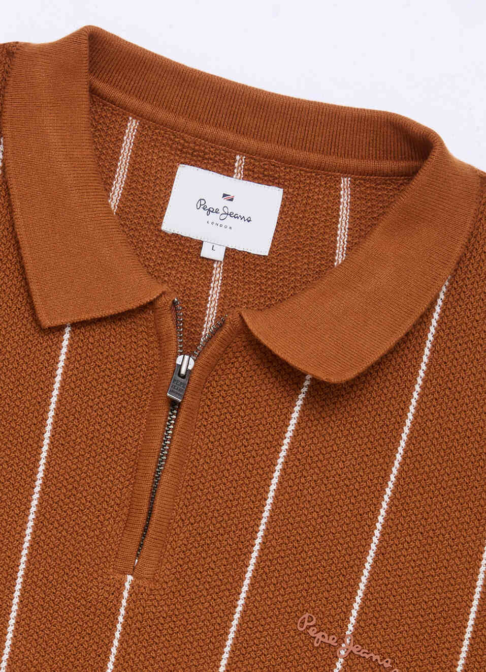 Men Orange Striped Flat Knit Polo Collar T-shirt, , large image number 6