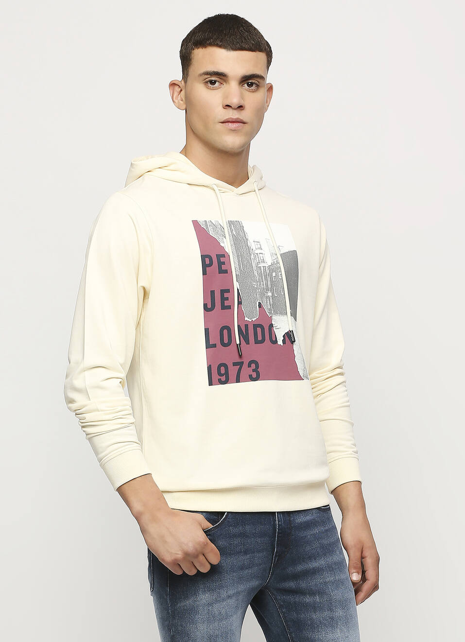 White Printed Hooded Sweatshirt, , large image number 0