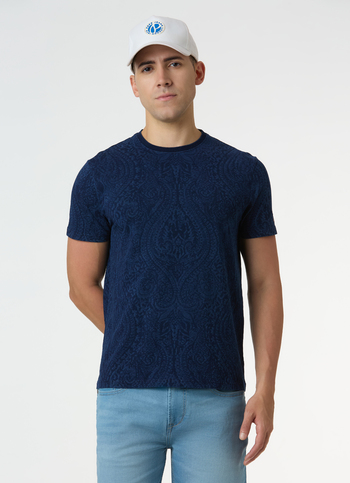 Men Blue Damask Print Short Sleeve T-shirt