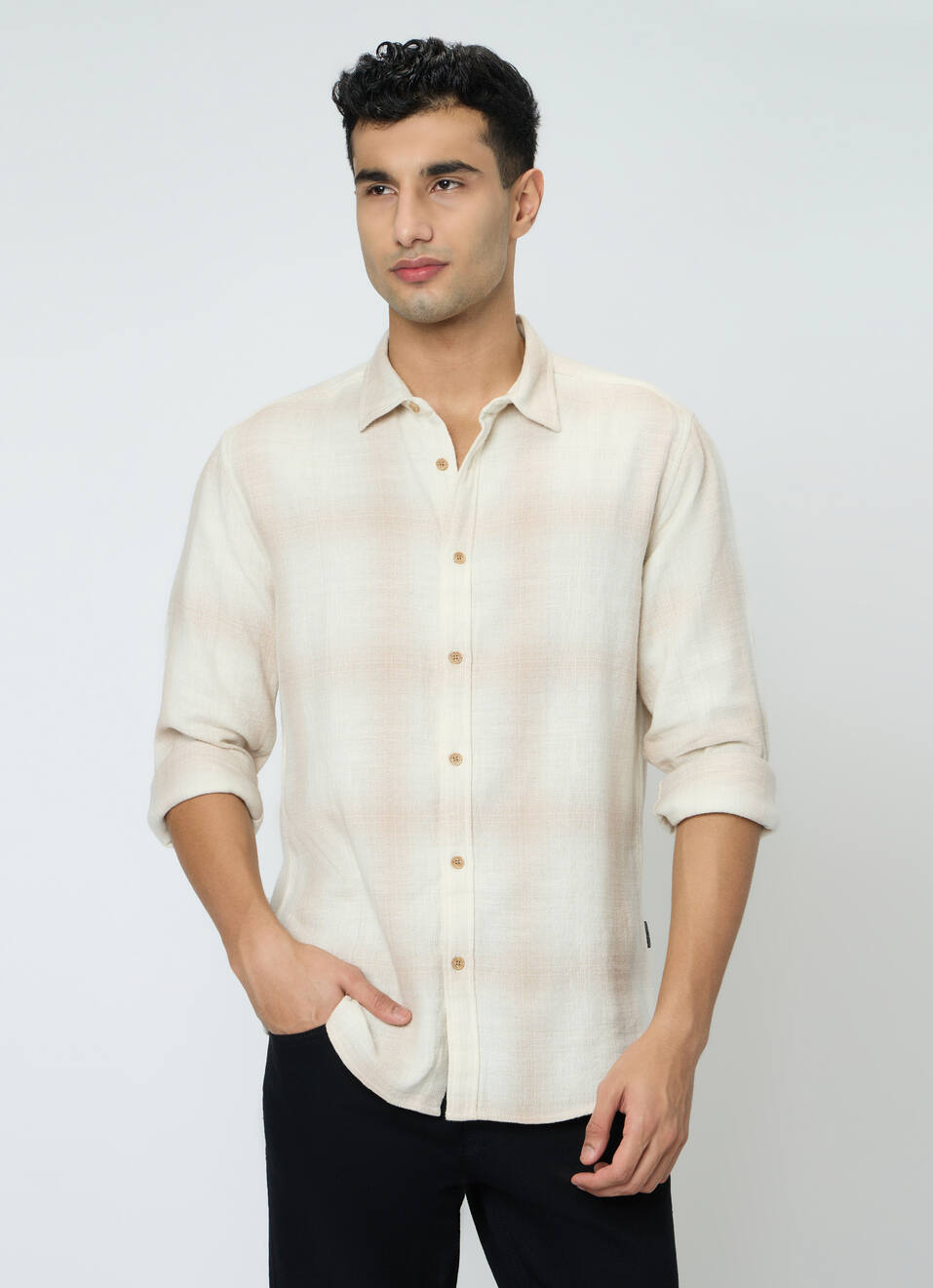 Men Off White Checked Shirt, , large image number 1